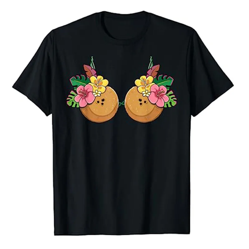 

Coconut Bra Costume Hawaiian Tropical Luau Party Women T-Shirt Beach & Luau Soiree Graphic Tee Tops Summer Fashion Party Clothes