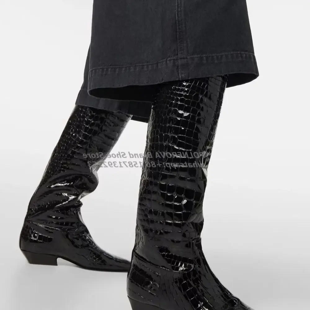 

Croc-Effect Patent Leather Knee-High Boots Square Toe Block Heels Pull On Sexy Crafted In Sleek Modern Boots Street Style 2024