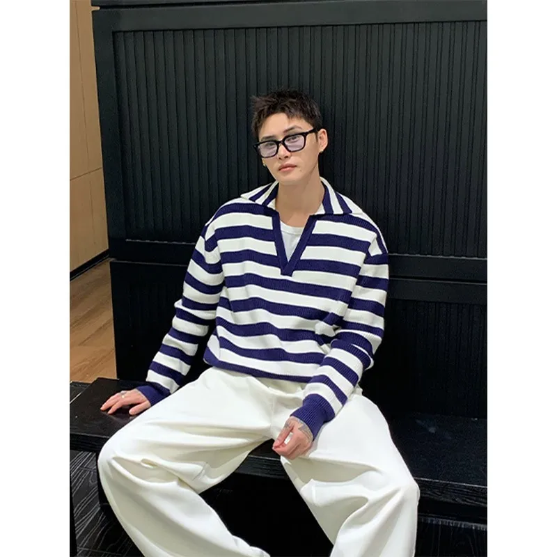 

Naval Blue V-Ne Pullover Sweater Men's Autumn Winter Lazy High-End Feeling Can Be Worn outside And inside Striped Knitted S...