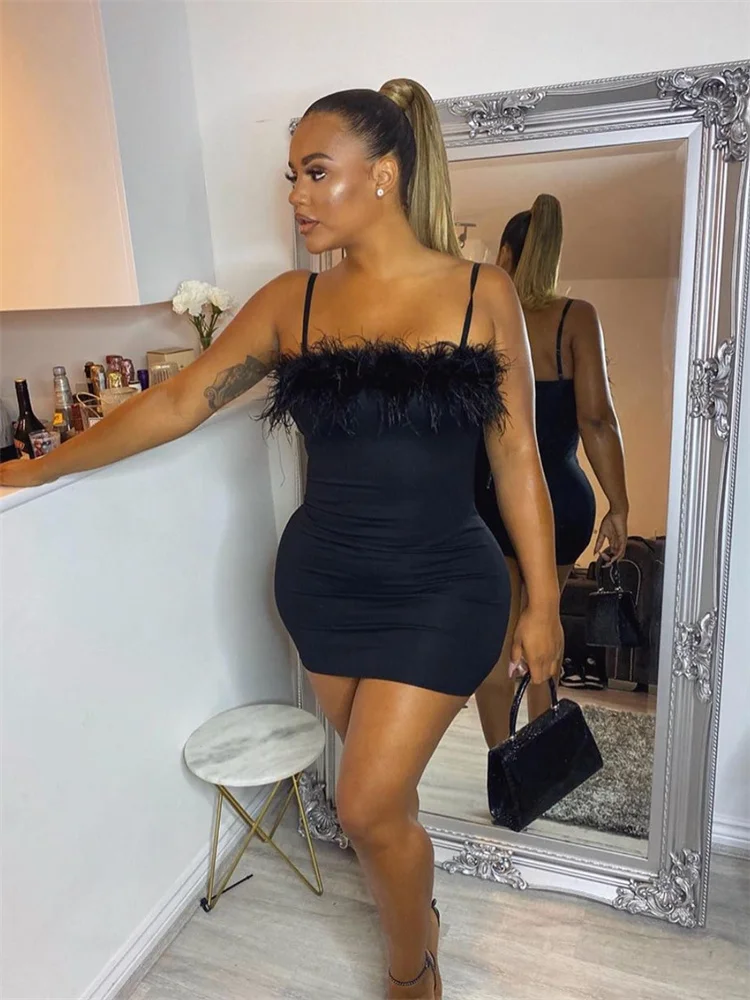 Wmstar Plus Size Dresses for Women Sleeveless Sexy Black Stretch Feather Mini Dress Summer Clothes Wholesale Dropshipping