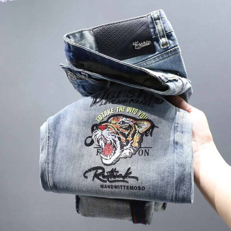 

Fashion Tiger Embroidery Print Jeans for Men Trendy Street Party Casual Slim Fit Stretch Skinny Pants