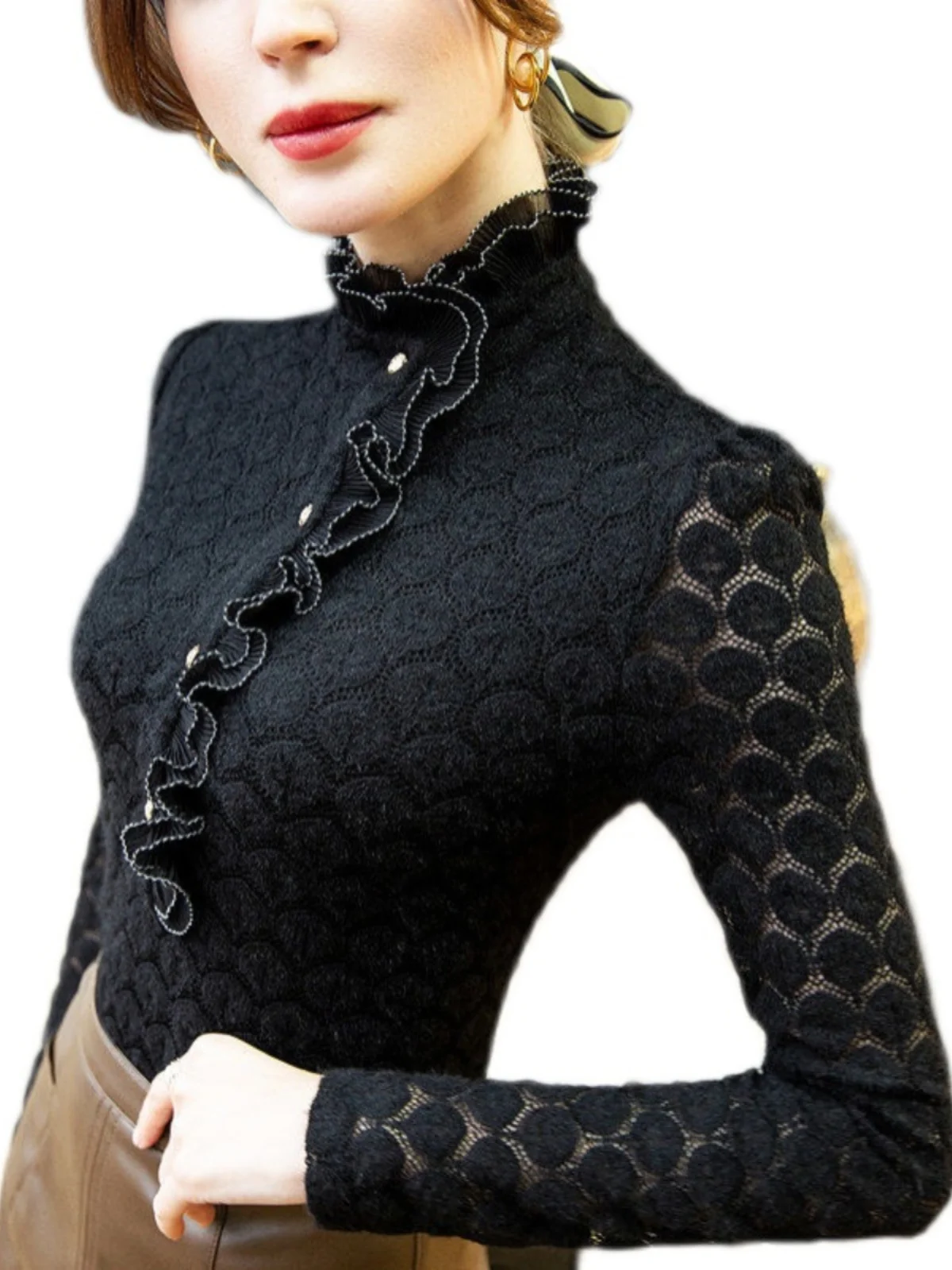 Camiseta de Manga Longa de Poliéster com Gola Alta e Forro de Renda Sexy para Mulheres, Confortável e Quente para o Outono e Inverno