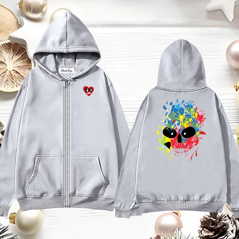 

Artistic Skeleton Evil Spirit Knight Printing Women Zipper Hoodie Polyester Red Eyes Beard Heart Embroidery Pocket Loose Sweater