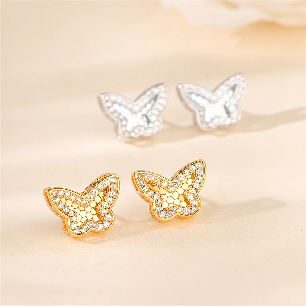 

S925 Sterling Silver Women's Broken Ice Gold Butterfly Earrings Diamond-Inlaid Honeycomb Sparkling Accessory