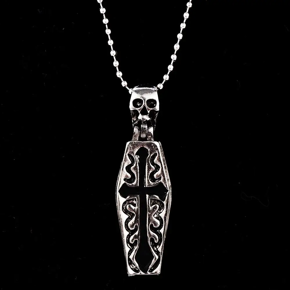 Stainless Steel Men Human Skeleton Coffin Steampunk Necklace Chain Cross Pendant