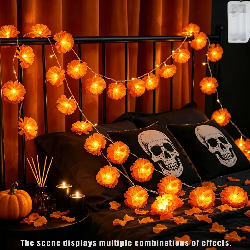 Waterproof Warm Glow Artificial Marigold Garland 10LED String Lights for Halloween Day of the Dead Party Outdoor Home Yard Patio