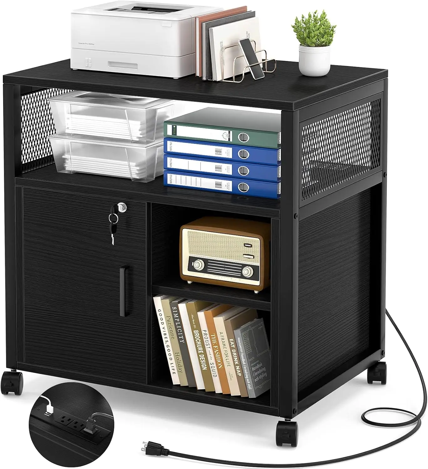 Lateral File Cabinet, Locking Office Filing Cabinets with Socket and USB Charging Port, Modern Rolling Printer Stand