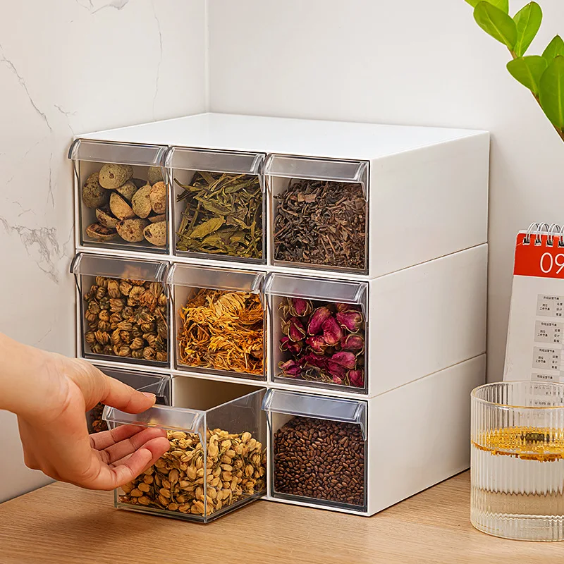 Drawer-type scented tea spice storage box, food grade transparent grid, can be stacked with six grid health tea packing box