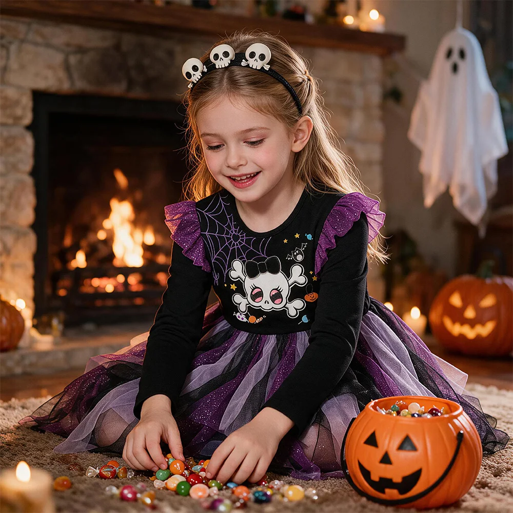 VIKITA Kinder Halloween Feiertagskostüme Mädchen Spinnen-Totenkopf-Druck Glockenärmel Herbst Winter Prinzessin Mesh Tutu Kleider – Detail 2