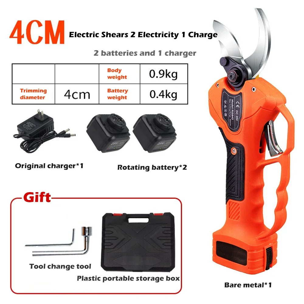 Electric Hedge Trimmer Pruning Shear 25V 40mm Open Blade with 2 Rechargable Batteries Efficient Fruit Tree Bonsai Branch Cutter