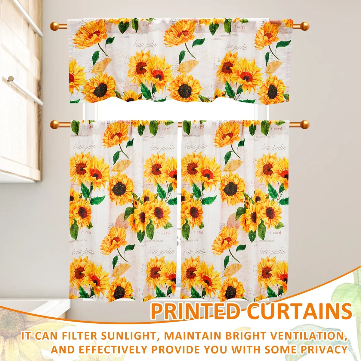 

3Pcs Valance and Tier Curtains for Windows Sunflower Kitchen Curtain Set Light Filtering with Wide Rod Pocket Polyester Kitchen