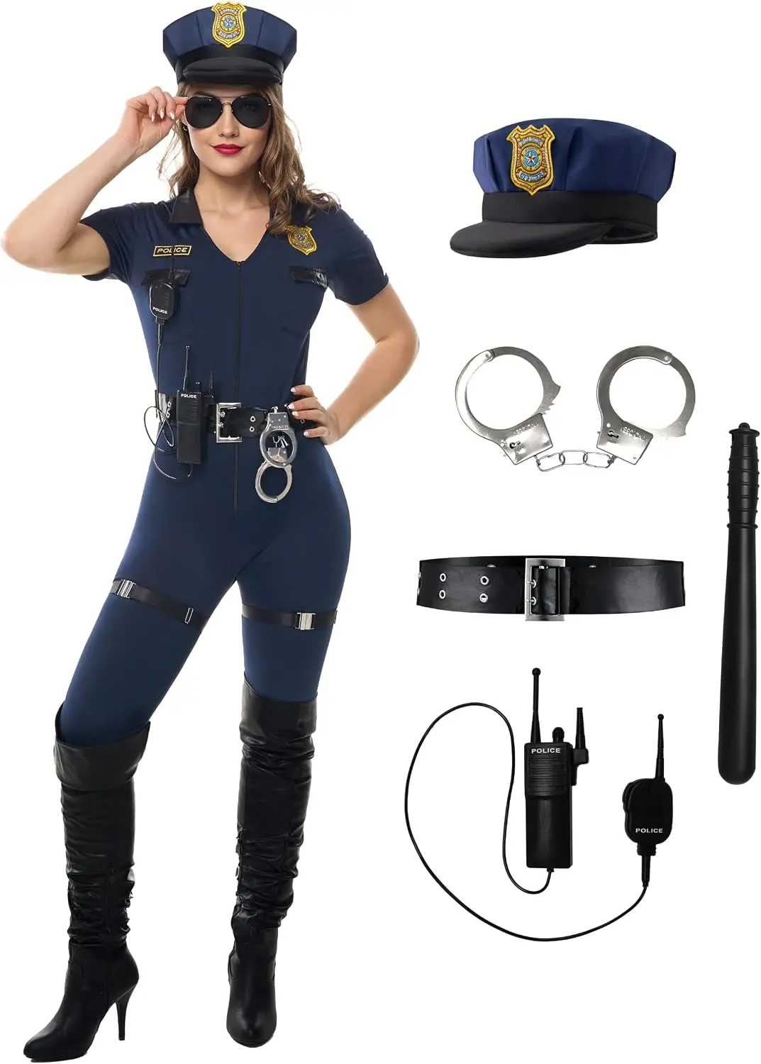 Image of Sloosh Creations 7-teiliges Polizei-Kostüm für Damen, Halloween-Polizistin-Kostüm für Erwachsene, Halloween-Party-Events