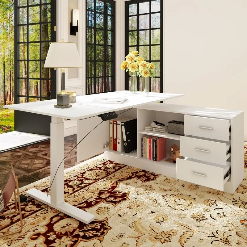 L Shaped Electric Standing Desk with Drawers and Shelves, Height Adjustable & Shape Reversible Stand up Desk,White