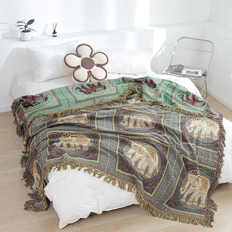 

Pure Cotton Gauze Sofa Blanket Office Break Sleeping Blanket Air Conditioning Blanket Tassel Knitted Soft Four Seasons Bedspread