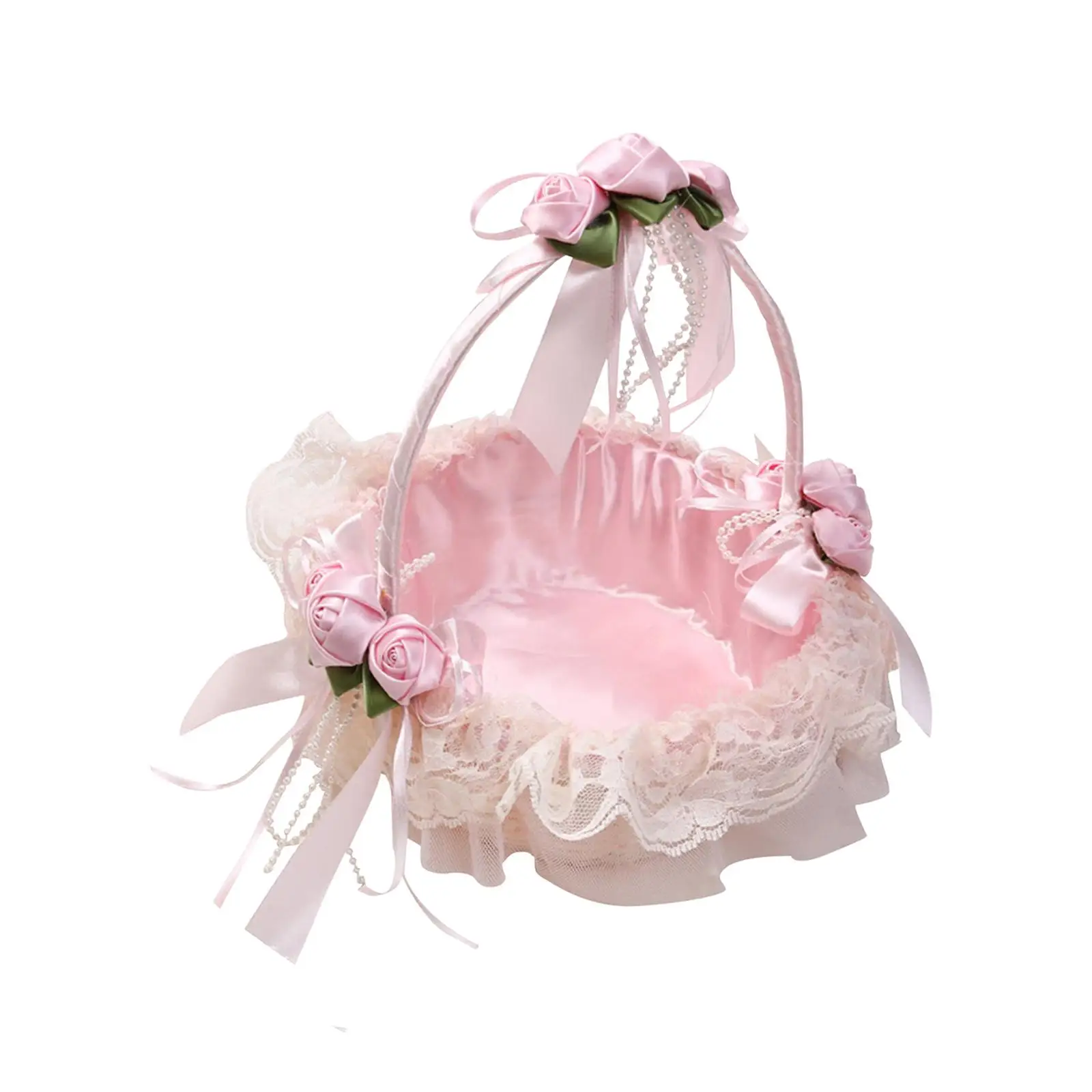 Satin Ribbons Basket with Handle Romantic Elegant Lace Flower Girl Basket for Anniversary Ornaments Parties Banquet Centerpiece