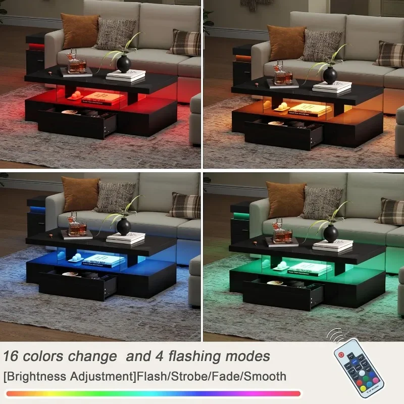 ChooChoo-Mesa de café LED moderna com armazenamento, mesa de café alta brilhante com gaveta, sala e quarto