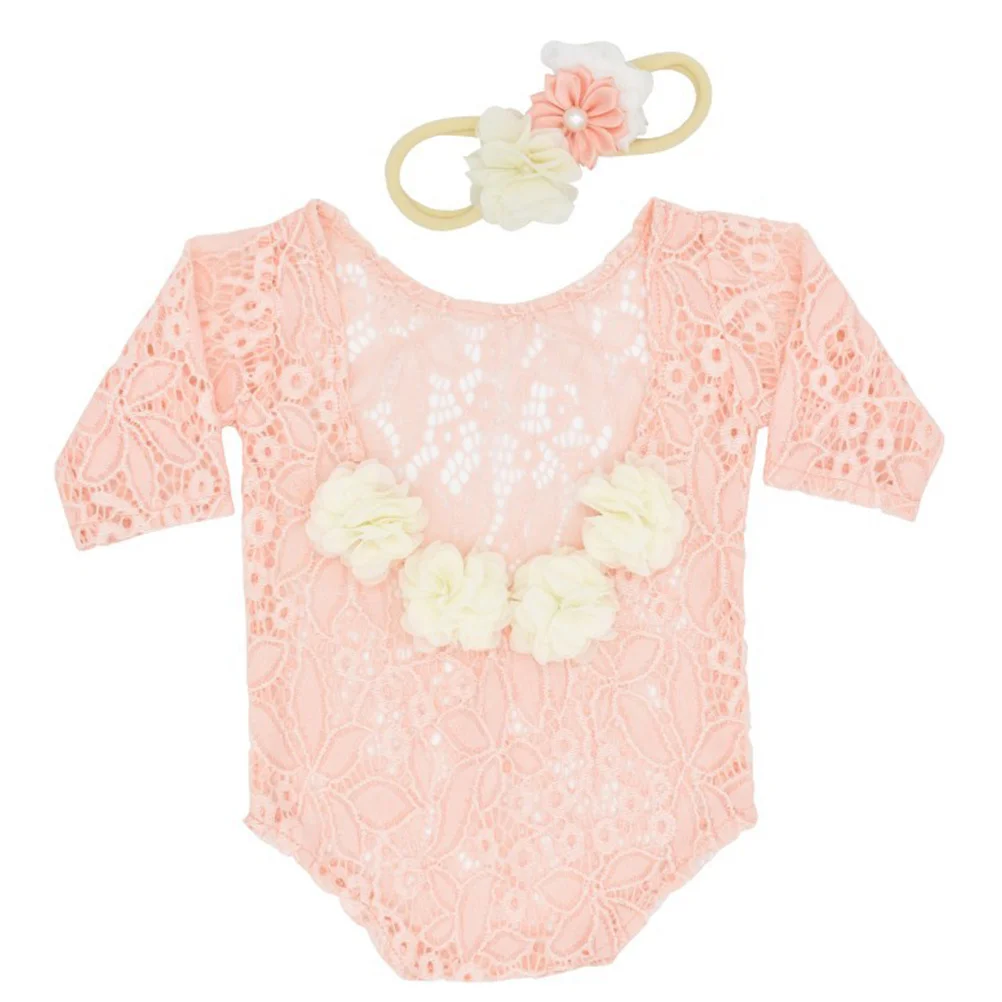 ثوب فضفاض من الدانتيل للأطفال حديثي الولادة، فستان وردي اللون، ملابس للتصوير الفوتوغرافي اللامع، رومبير ناعم ومريح وعصابة رأس #2