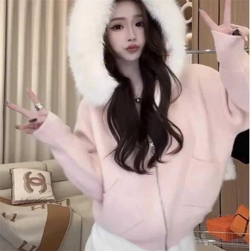 

Wool Collar Temperament Zipper Hooded Jacket Long Sleeved Autumn And Winter Sweater 2024 Loose Knit New Cardigan Jacket Top Blue