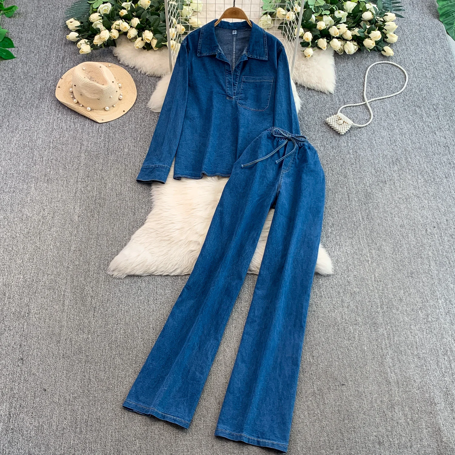 

SuperAen 2025 Autumn New Casual Loose Denim Turn-down Collar Long-sleeved Coats Elastic Lace-up High-waisted Wide-leg Pants Sets