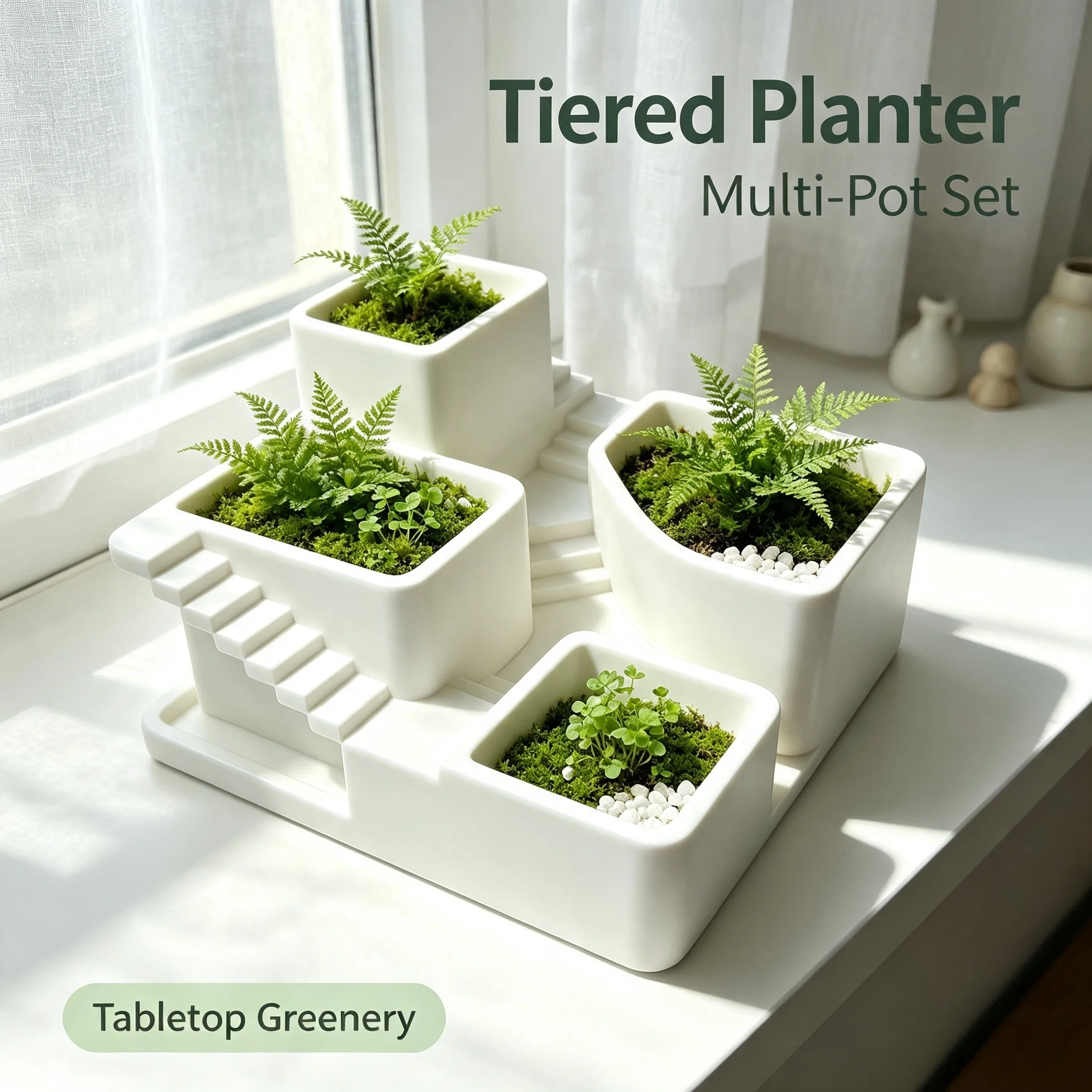 White Layered Succulent Flower Pot Set, Four-In-One Home Decor Mini Flower Pot, Independent Compartment Plant Growing Container, Suitable for Succulents/Cactus/Herbs, Modern Style Desktop Flower Pot, Suitable for Windowsill Shelves