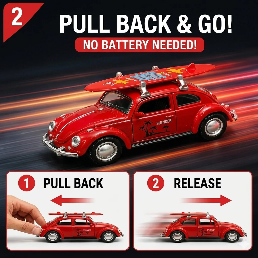 

38 Classic Retro Alloy Car Model Toy with Detachable Surfboard Openable Doors And Interior View Collectible Holiday Gift for Kid