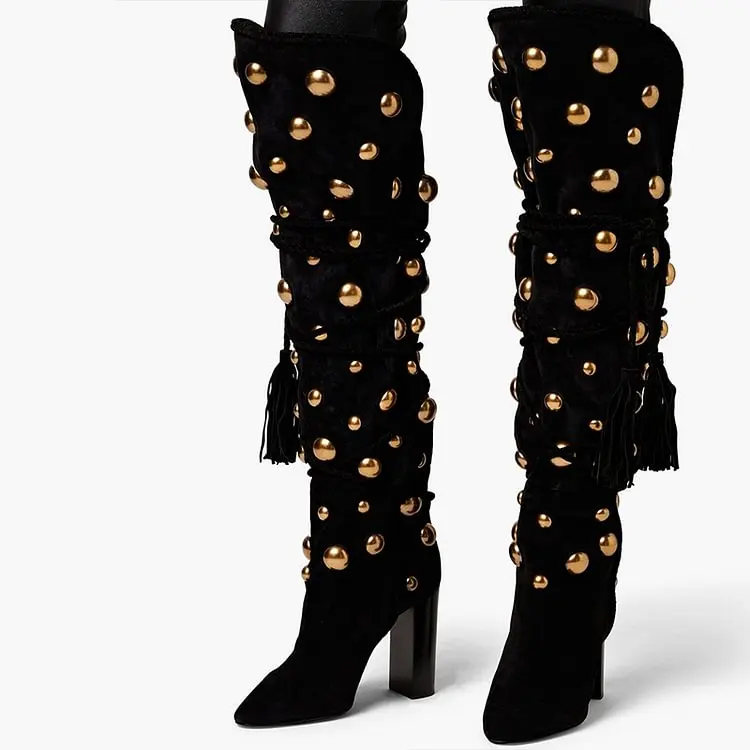 Studs Knee Boots Black Pointed Toe Velvet Shoes Women\'s Chunky Heel Tassel Fringe Metal Ball Cool Girl Punk Women Winter Boots