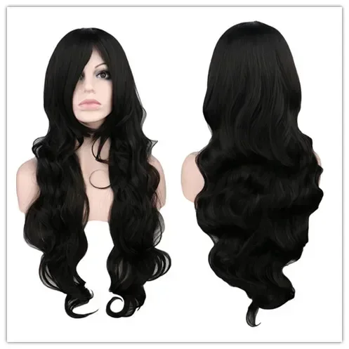 위스키컬 W 합성 롱 컬리 코스프레 가발 코스튬 파티 레드 핑크 실버 그레이 블론드 블랙 70cm 고온 헤어 가발