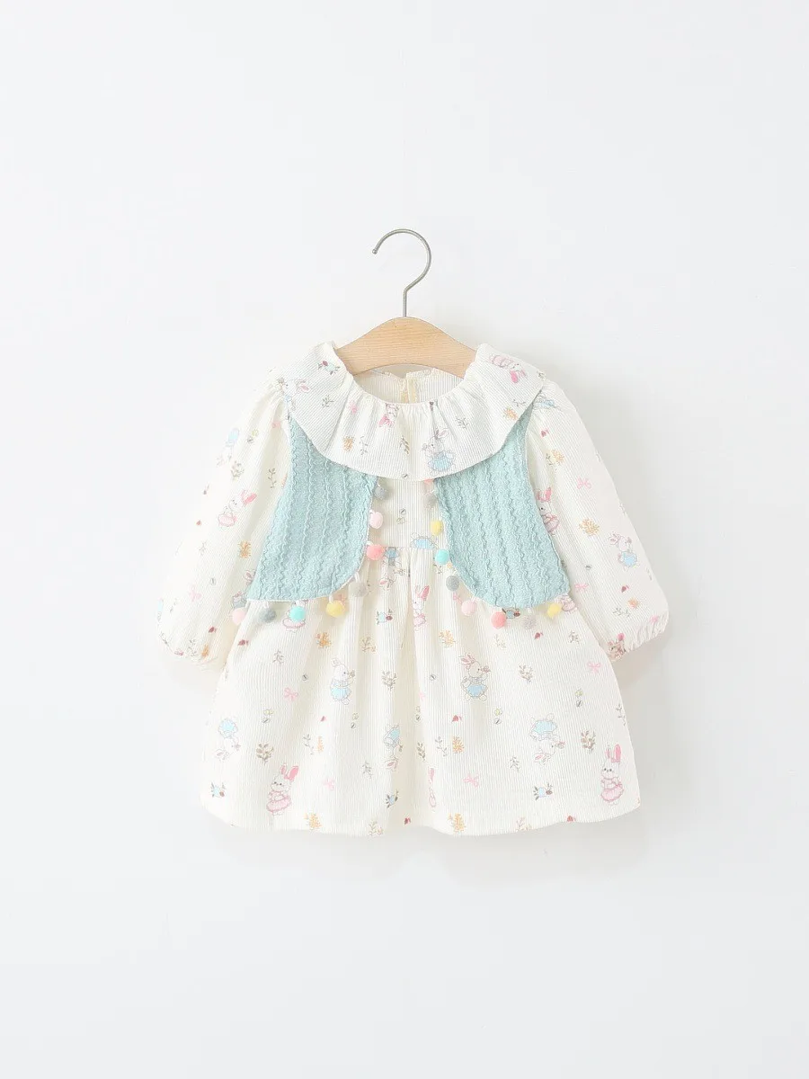 

Baby Girls' dress shirt spring and autumncute cartoon little rabbit Ball fake two-piece princess dress Pullover