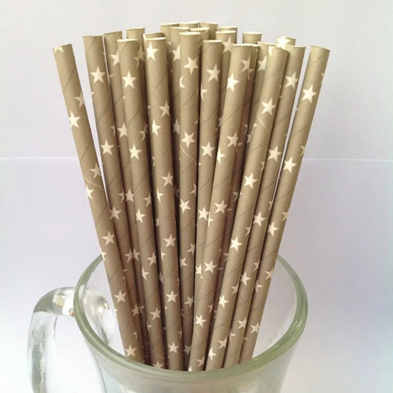 100 Pcs White Star Print Grey Paper Straw Party,Biodegradable Gray Mason Jar Drinking Straws Bulk Disposable Drinking Bar Juice