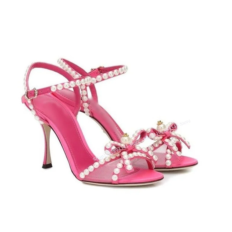 Sandalias de cristal con lazo rojo rosa para Mujer, zapatos de tacón alto fino con hebilla y Punta abierta, a la moda, Sexy, de talla grande, para verano