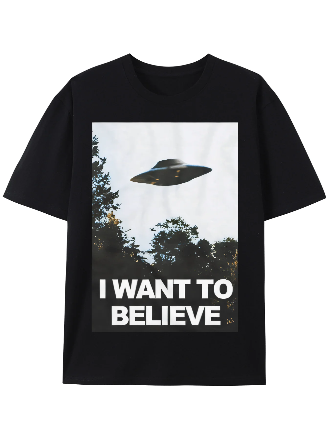 

Curiosity Fashion| 'I Want to Believe' UFO Graphic T-Shirt - Black Cotton Blend, Casual Streetwear with Bold Slogan, Moisture