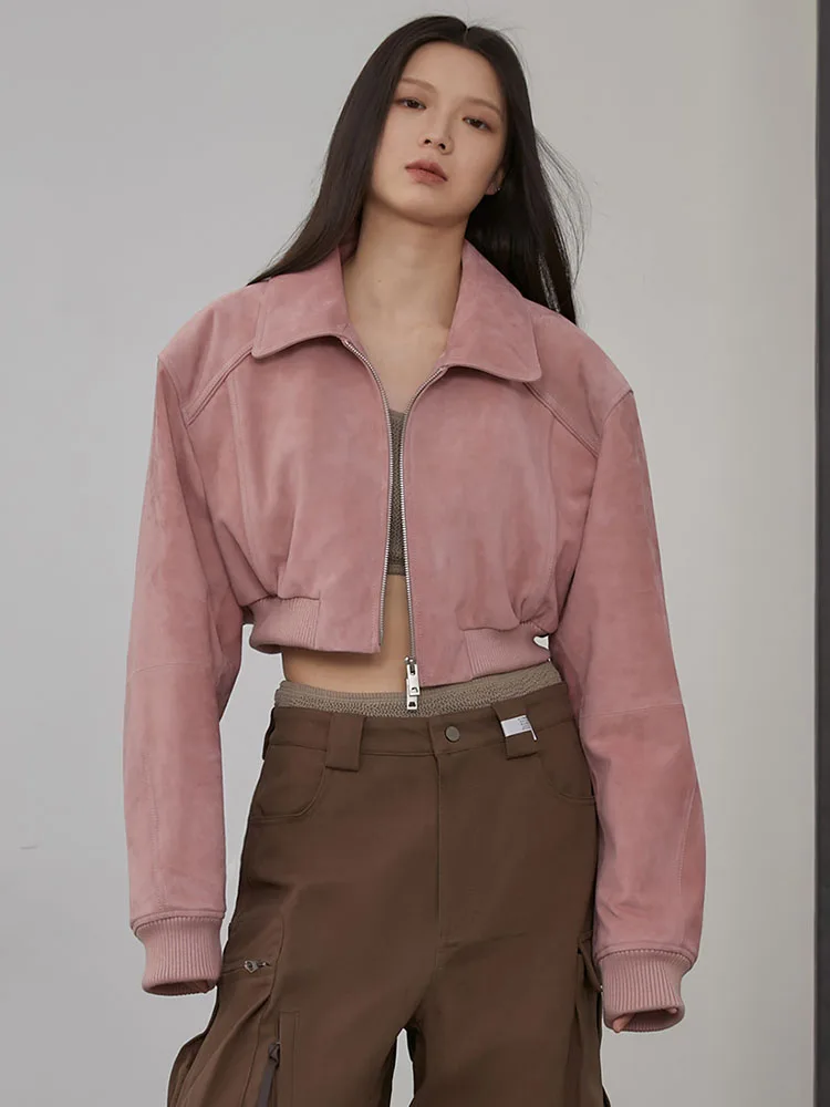 Jaquetas bomber de couro genuíno de cintura alta para mulheres, casaco simples e solto de camurça de pele de carneiro, chaqueta de cuero mujer