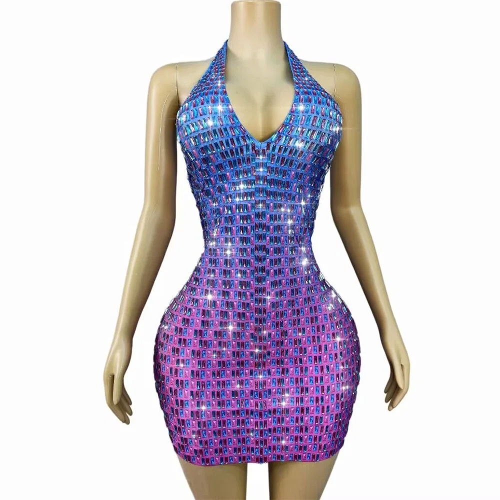 

Sexy Blue Pink Gradient Sparkly Rhinestones V-neck Backless Dress Women Birthday Celebrate Evening Gown Fashion Show Stage Wear