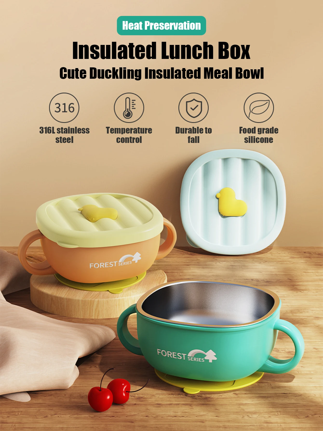 

1 baby food bowl filled with water and insulated, tableware, anti drop and anti scald, constant temperature suction cup bowl