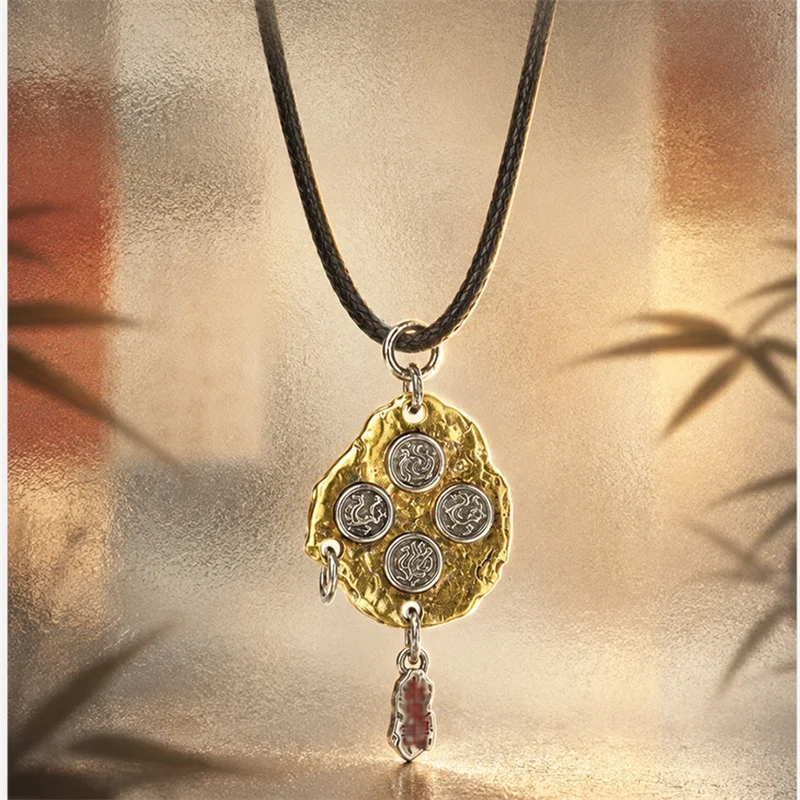 Ethnic Style Four Auspicious Beasts Hammered Raw Stone Pendant Men Jewelry Blessing Taolist Divine Taboo Seal Rune Necklace