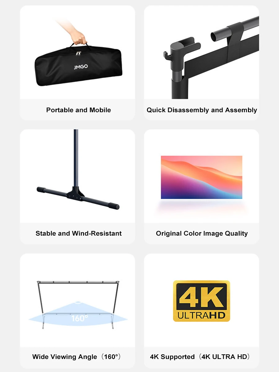 JMGO 100 inch Projector Screen, Portable Quick-Setup Screen for Home and Outdoor Use, Anti-glare Stand, Foldable, Supports 4K