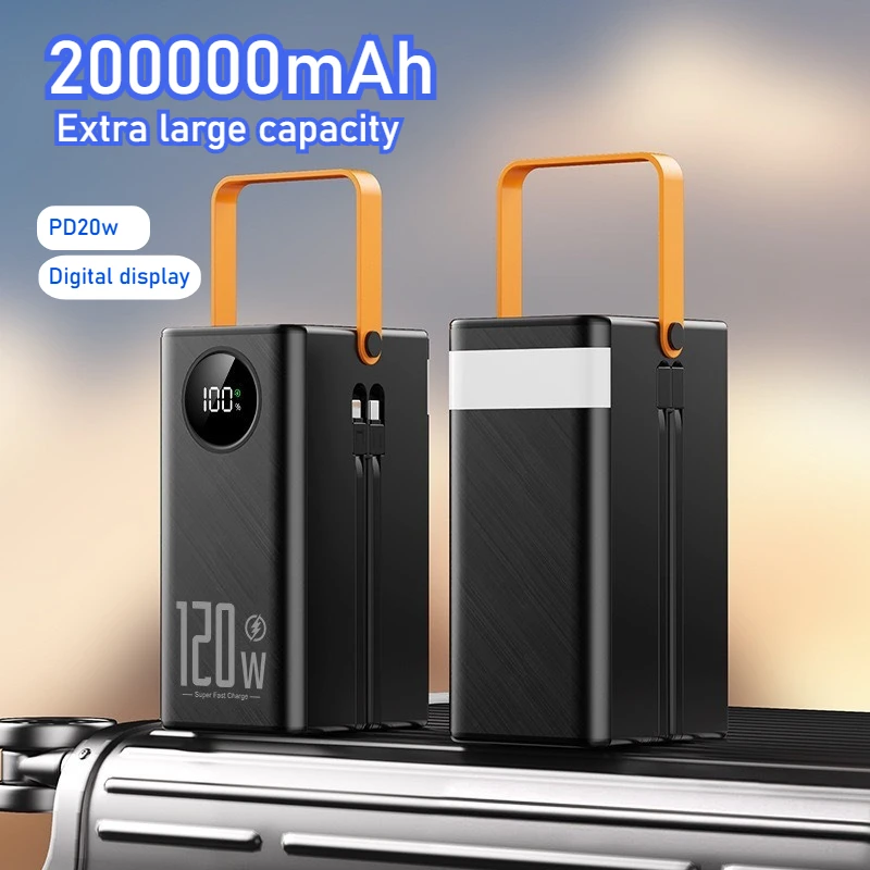 

Быстрая зарядка 22,5 Вт, 200000 мАч, аккумуляторы сверхбольшой емкости, цифровой дисплей, встроенные 4 кабеля для IPhone Xiaomi Huawei