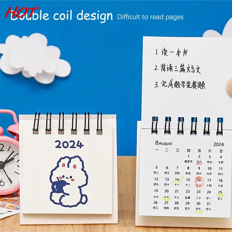 2024 Year Simple Ins Small Desk Calendar Student Desktop Cute Cartoon Dog Rabbit Mini Note Memo Calendar Study Office Calendar
