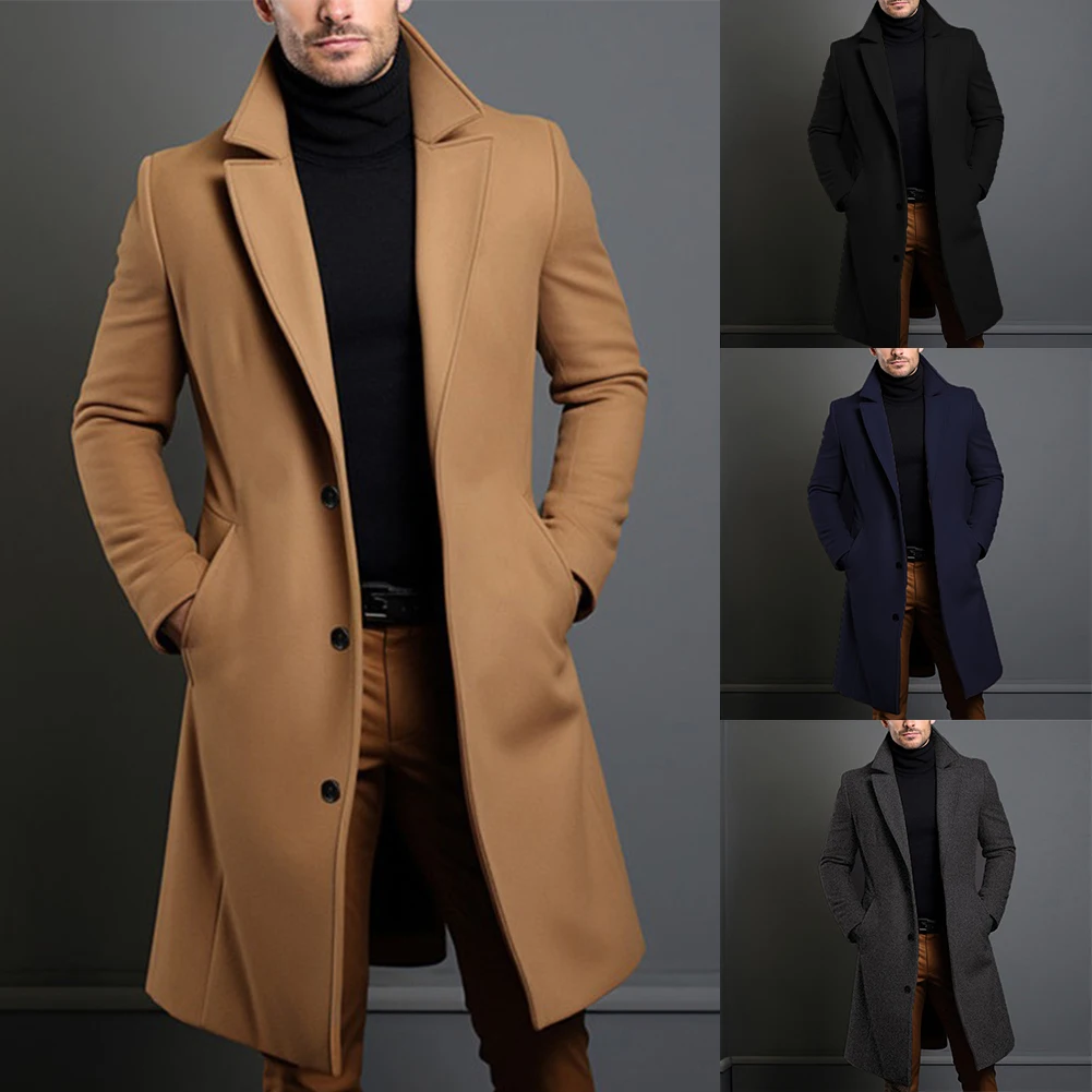 Long Black Trench Slim Coats Mens Single Breasted Solid Vintage Overcoats Tops Korean Style Men's Casual Long Coat Monochrome