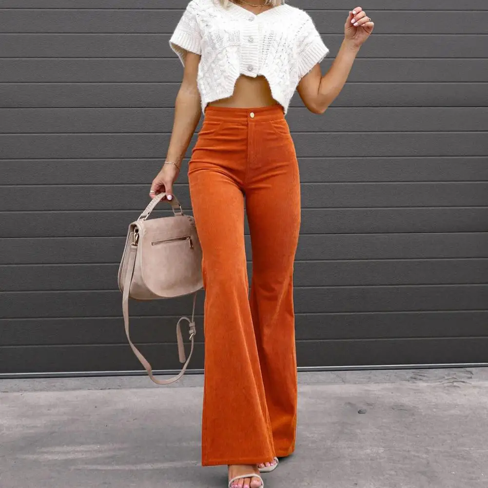 Women Flared Pants Solid Color Horn Shape High Waist Button up Match Clothes Slim Fit Full Length Lady Trousers Pantalones