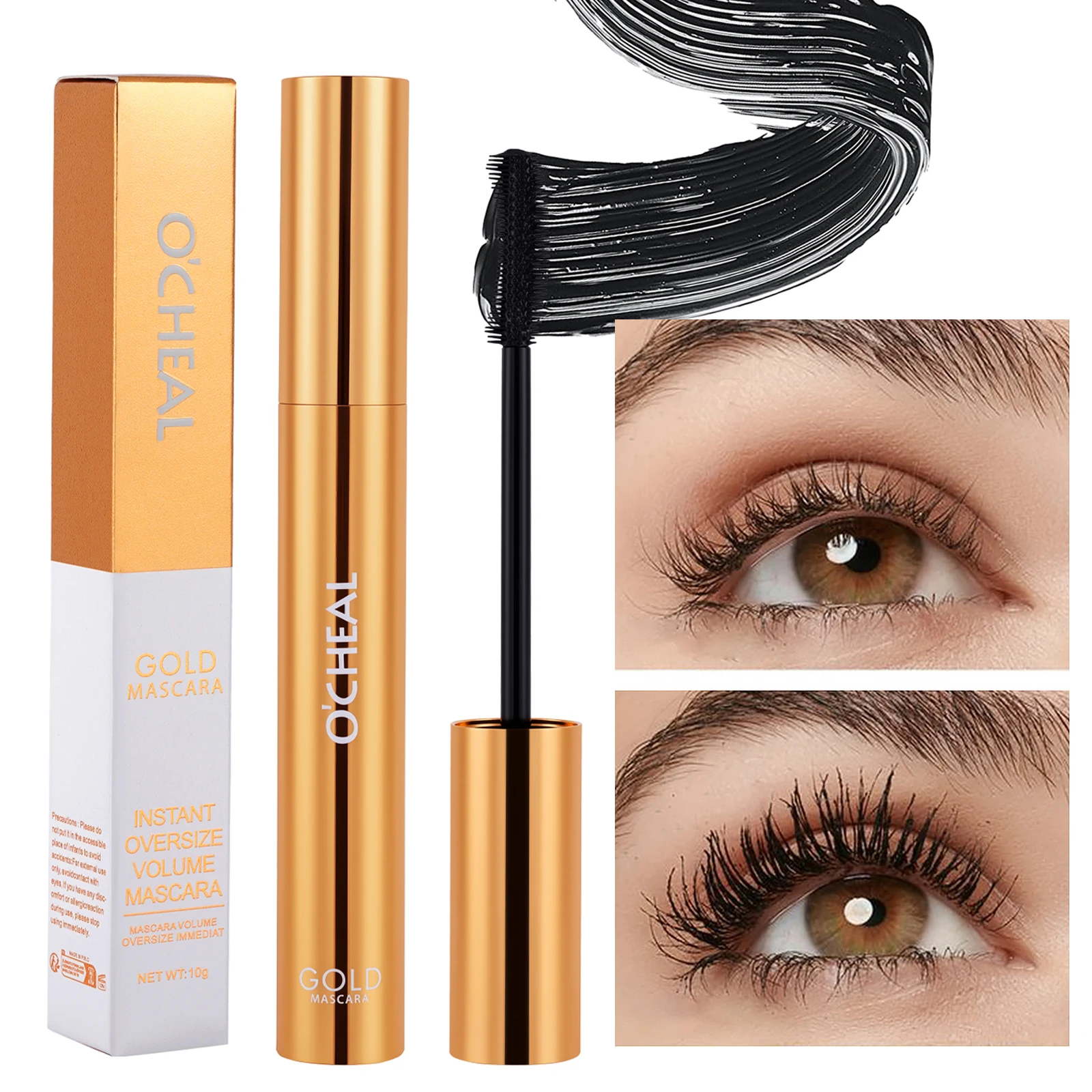 O'CHEAL Balck Mascara 3D Silk Thick Curly Lengthen Eyelashes Quick-Dry Not Easy To Smudge Gold Mascara Długotrwała, wodoodporna maskara do rzęs, zwiększająca objętość, wydłużająca i podkręcająca rzęsy, szybkoschnąca, odporna na rozmazywanie, w kolorze złotym.