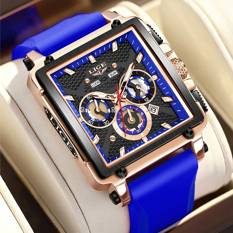 

LIGE Creative Square Watch For Men Fashion Blue Silicone Luminous Quartz Men Watch Casual Sports Waterproof Big Dial Watch Men