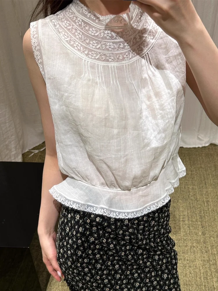 

Lace Embroidery Patchwork Women Tank Tops Round Neck Sleeveless Casual Female 100% Ramie Vest