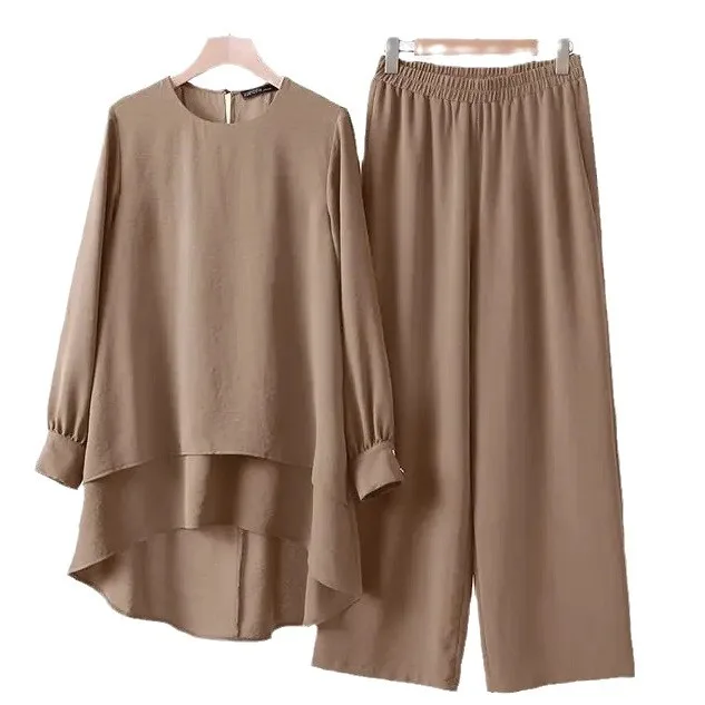 

Women's Summer Muslim Set Casual Style Top Wide Leg Pants Suit New Muslim Fashion Pure Color Elegant Double Layer Sets