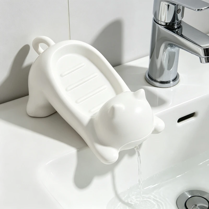 Cute Lying Cat Draining Soap Dish Sloped Water Guide Anti-puddle Soap Tray Creative Bathroom Sink Soap Storage Holder