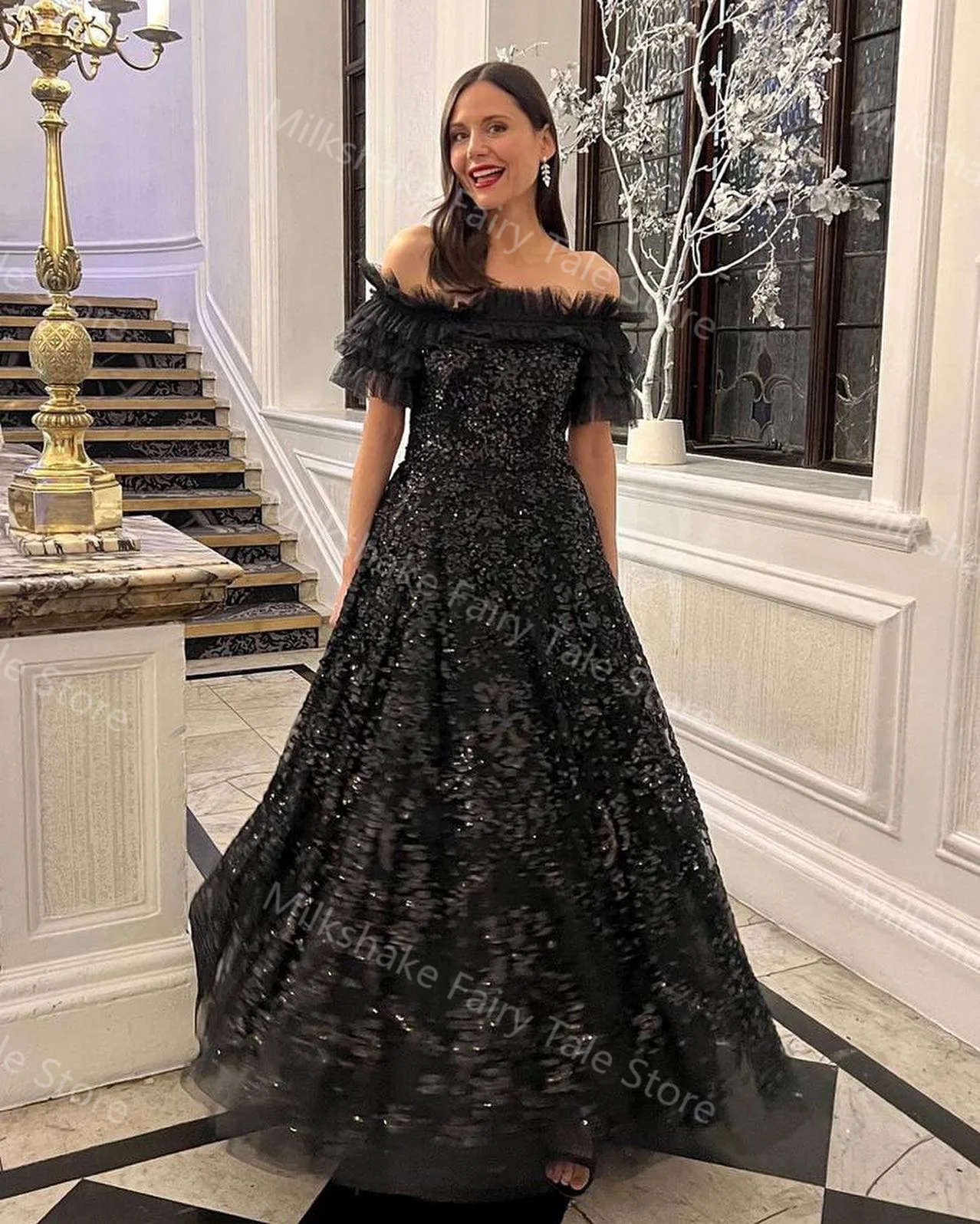 Glamorous Black Prom Dresses Off Shoulder Tiered Ruffles Evening Dresses Vintage Sequins Floor Length Celebrity Party Gowns