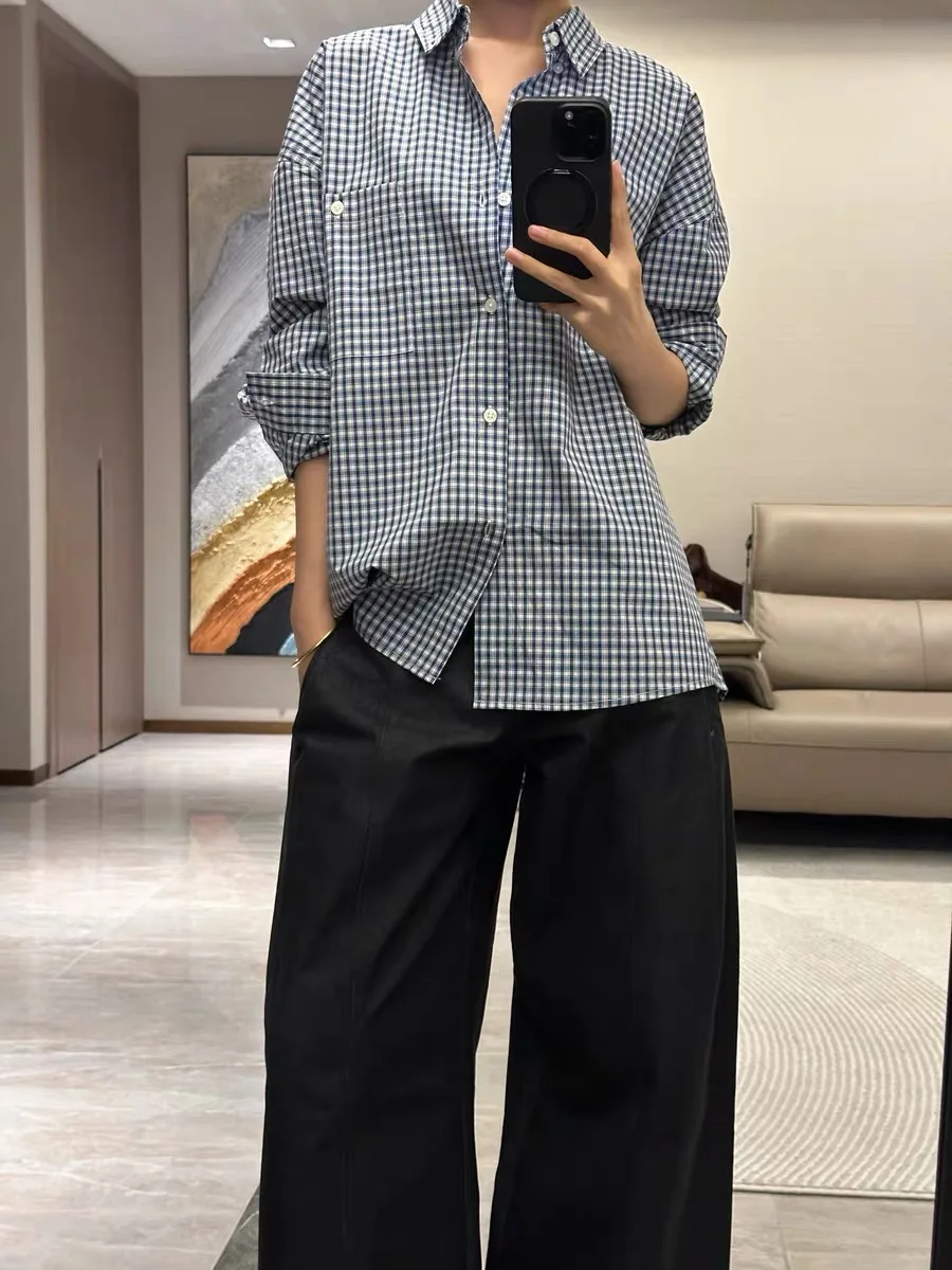 Мужская осенняя универсальная верхняя одежда в клетку в стиле ретро, сине-белую клетку Long Sve, хлопковая повседневная одежда на пуговицах