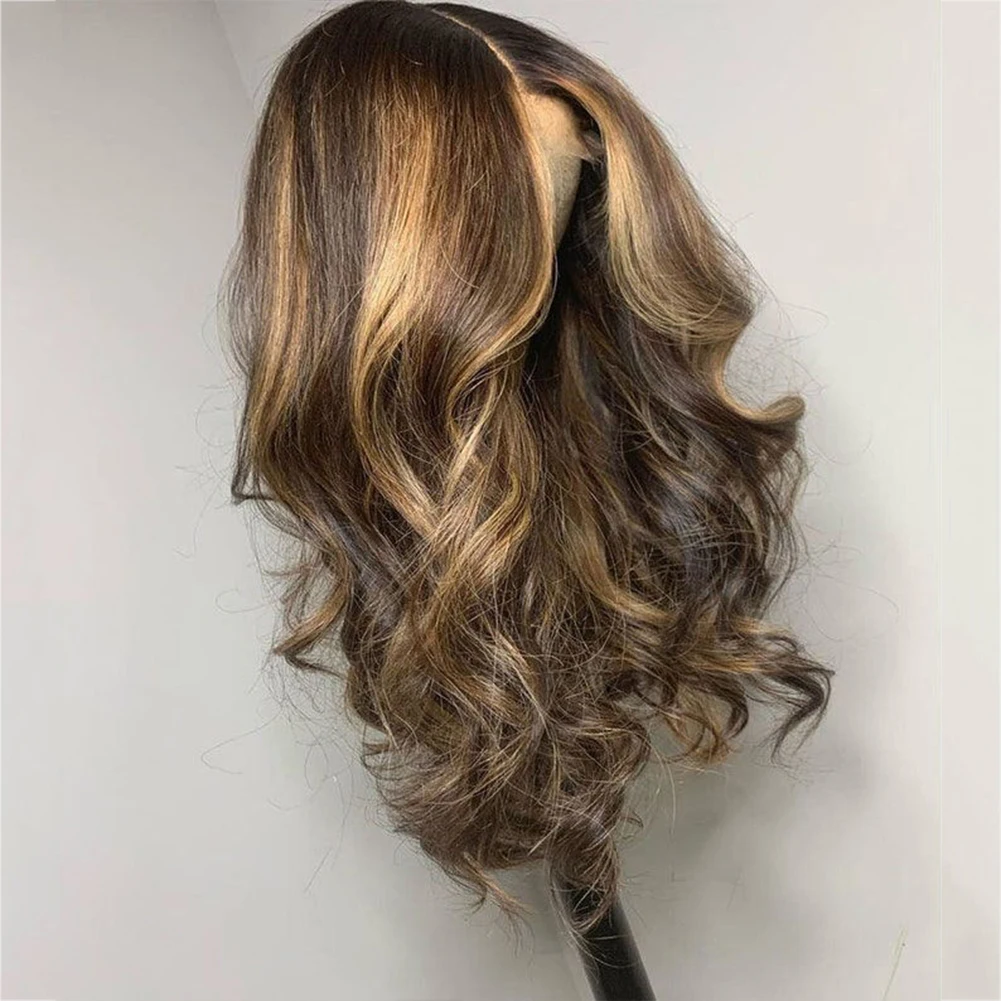 Destaques marrom solto onda do corpo cabelo sintético parte livre peruca marrom escuro morena longo ondulado natural perucas dianteiras do laço para mulher