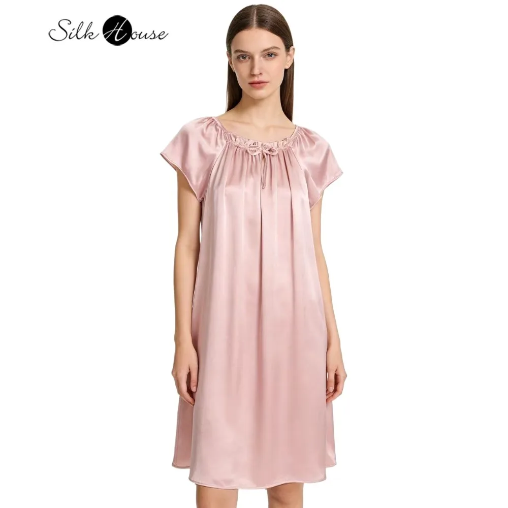 Women's Summer Casual Clothing 100% Natural Mulberry Silk Plain Satin Loose Short Sleeved Solid Color Princess Nightdress