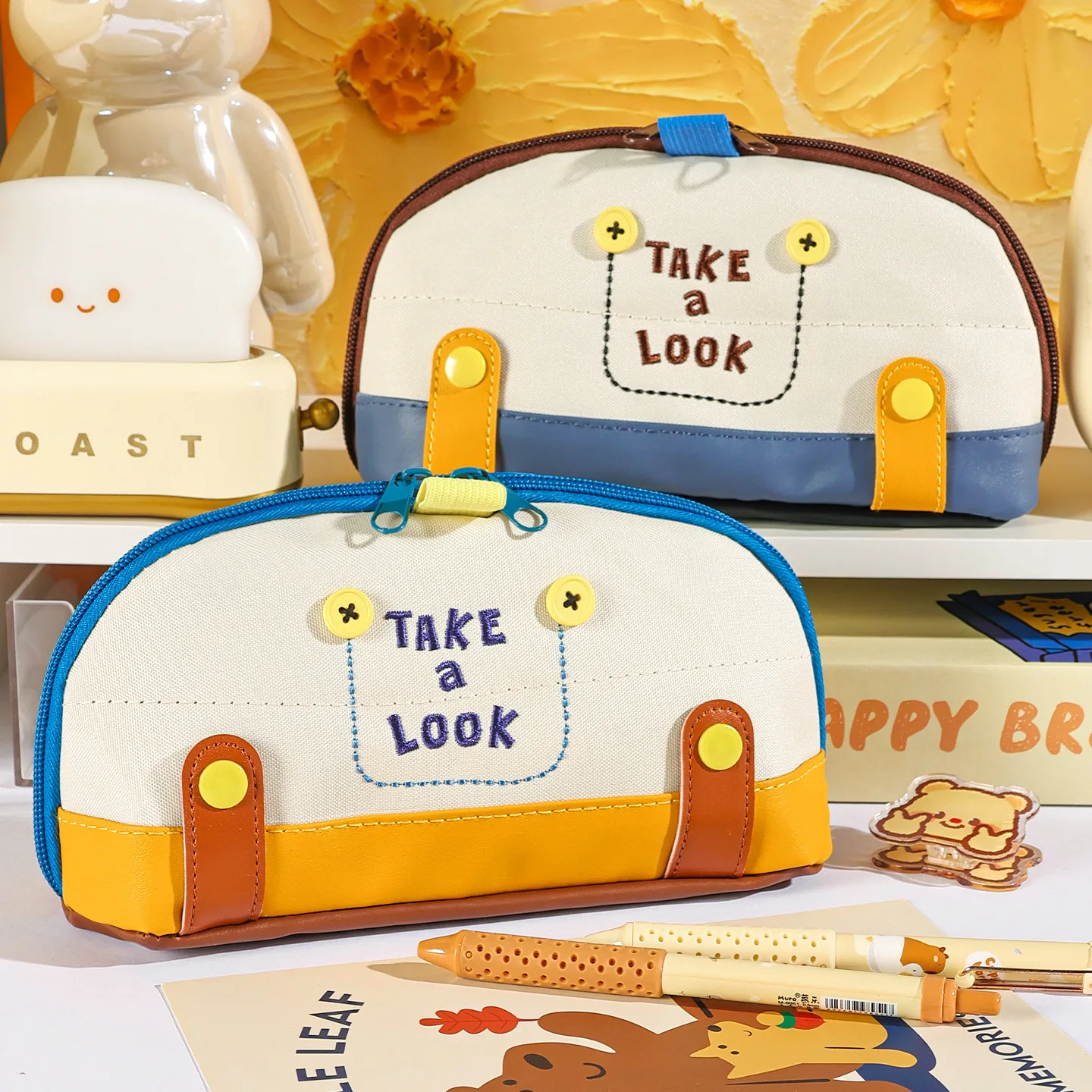 Cute Retro Patchwork Pencil Case Curved Shell Structure pencil bag Girls Teenager Back to School Pen Tool Organizer